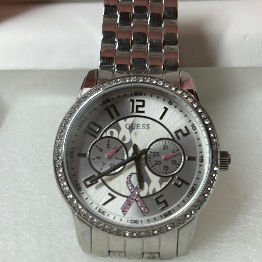 GUESS Silver Watch with Pink Ribbon Detail